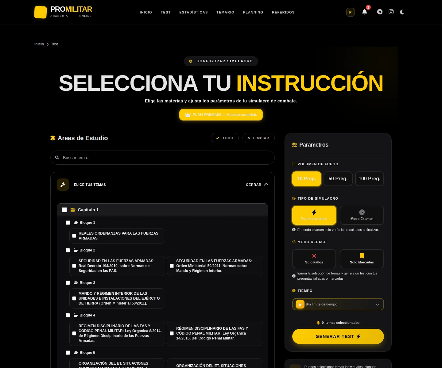 Test a la carta de la plataforma ProMilitar